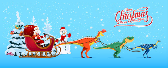 Cartoon Santa sleigh with dinosaurs whimsical festive Holiday scene. Santa Claus riding in a sleigh pulled by playful dino animals at snowy winter background with a snowman and pine tree