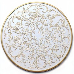 Ornate gold floral patterns on round decorative white background