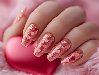 Valentine's Day nails concept for a salon. Female hand with pink glitter heart nail art on long manicured nails holding a little red heart