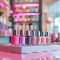 Assorted nail polish bottles in bright shades of pink and purple on a modern display