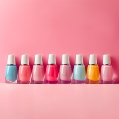Assorted colorful nail polish bottles with white caps arranged neatly in a row on a pink background