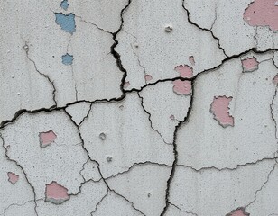 Close-Up of Cracked Concrete Wall with Weathered Paint, Abstract Textured Background, and Natural Cracks
