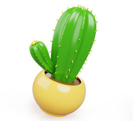 3d cactus with flower in yellow pot, home succulent or desert plant for house interior render icon. Green prickly cacti with blossom in flowerpot for indoor office garden in summer. 3D illustration