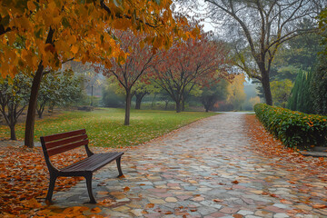 Fototapeta premium Autumn landscape with falling leaves foliage.
