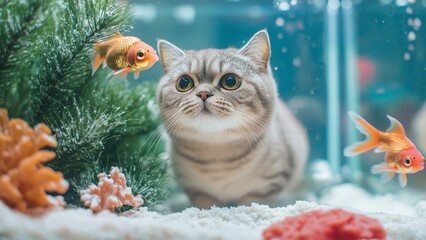 Goldfish in an aquarium with green plants The British Shorthair cat next to the tank looked curious and surprised at the fish.