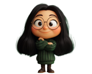 a cartoon character of a girl with glasses and a sweater