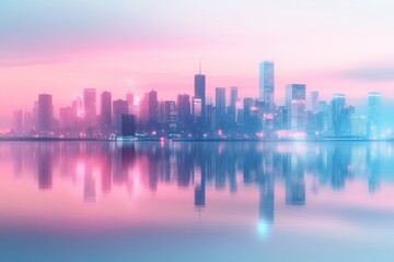 Obraz premium Dreamy minimalistic urban skyline at sunset with reflections on water