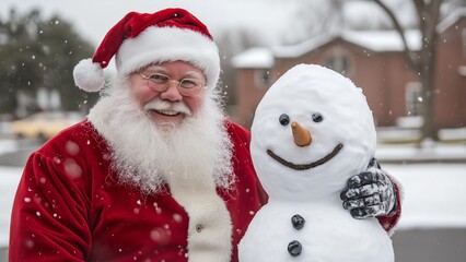 Santa Claus with snowman, portrait, Christmas and New Year concept.