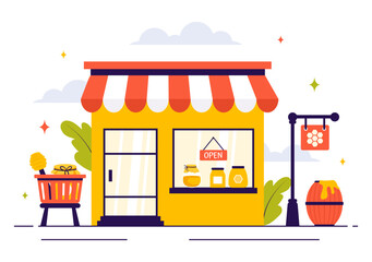 Obraz premium Honey Store Vector Illustration Featuring Natural Products Such as Jars of Honey, Bees, and Honeycombs for Consumption in a Flat Style Background