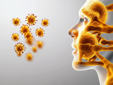 Digital Representation of Human Face with Abstract Virus Cells Illustrating Health and Disease Interaction in Modern Science Illustration - Powered by Adobe