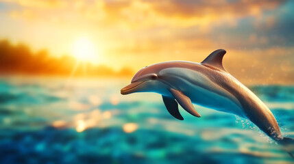 A Beautiful Dolphin Leaping Joyfully Above Sparkling Ocean Water at Sunset with Vibrant Colors and Soft Light Reflecting on the Waves