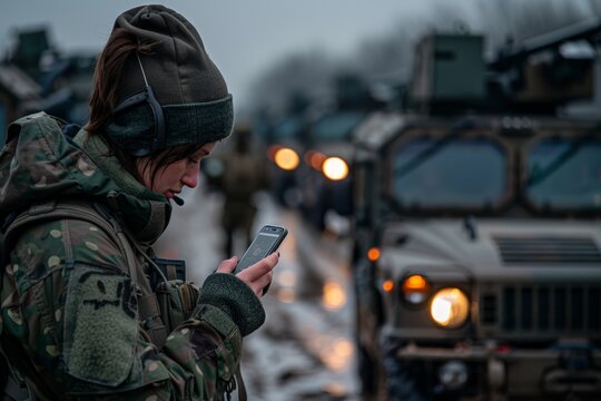 A soldier dressed in winter camouflage uses a smartphone in a snowy environment, with military vehicles in the background, representing technology use in modern military operations.