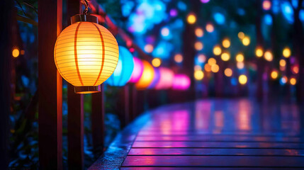 Illuminated Lanterns Reflecting in the Night Along a Wooden Pathway Surrounded by Nature's Beauty and Soft Bokeh Lights for Tranquil Settings