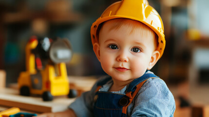 Cute Baby in Construction Helmet Smiling at Camera with Toy Tools and Wood Blocks in Background, Bright and Cheerful Interior Decor for Kids' Playroom