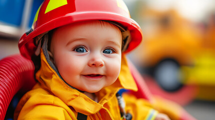 Adorable Baby in Bright Yellow Firefighter Outfit with Red Helmet Smiling Happily, Seated in a Fire Truck, Capturing Joy and Safety in Early Childhood Learning