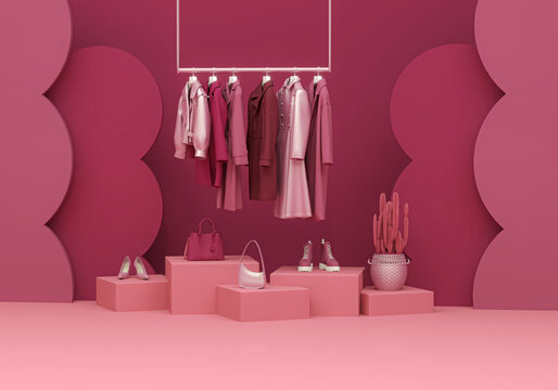 Clothes hanging on a rack, armchair on deep pink background. Creative composition. Light background with copy space. 3D render for web page, presentation, studio, store fashion. Viva magenta	