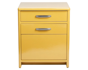 a yellow cabinet with silver handles