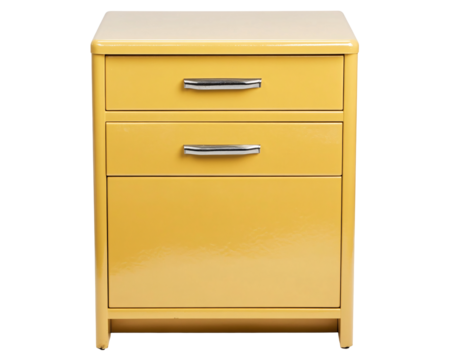 a yellow cabinet with silver handles