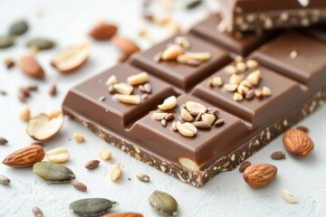 Pieces of dark chocolate with almonds, decorated with mint and salt crystals. A perfect treat for chocolate lovers, with a rich, indulgent taste.