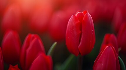 A close-up of vibrant red tulips in full bloom, standing tall in a garden. The image captures the beauty and intensity of spring with vivid colors and fresh green foliage in the background.