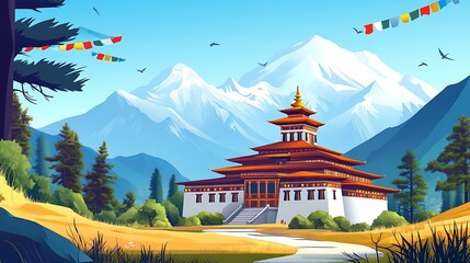 Majestic Himalayan Temple Amidst Snow-Capped Peaks and Prayer Flags