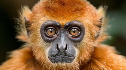 Obraz premium A close-up portrait of a golden monkey with intense, soulful eyes and striking facial features, set against a natural, blurred background.