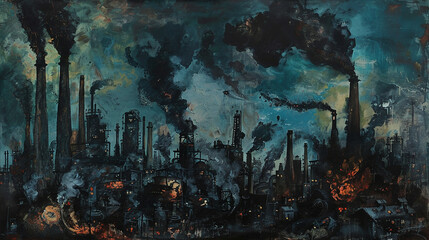 A haunting expressionism painting capturing the chaos and destruction of an industrial landscape, with factories and smokestacks belching pollution into the air depicted in dark, brooding