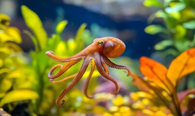 A large orange octopus is swimming in a tank, Generative AI 