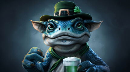 A whimsical blue toad wearing a green hat, enjoying a pint of beer in a festive, for st. patricks day