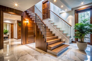 Fototapeta premium Elegant Vintage Style Photography of a Wooden Staircase Leading to a Marble Floor in a Minimalist Modern Entrance Hall Featuring a Stylish Door