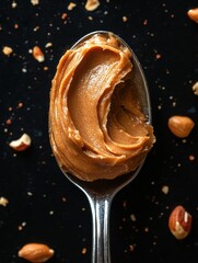 A spoonful of peanut butter is shown on a black background with a pile of nuts