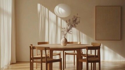 A Scandinavian-inspired table with a sleek white lamp hanging overhead, surrounded by four wooden chairs on a light wood floor. A simple, elegant design.
