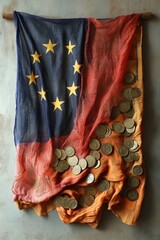 A collection of euro coins scattered over a fabric with the European Union flag, symbolizing economy, unity, and European heritage.