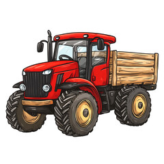 Obraz premium Powerful Red Farm Tractor with Wooden Trailer