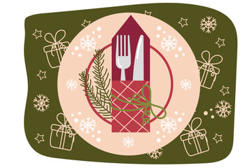 festive table setting. the plate and cutlery are decorated with Christmas symbols. flat pattern, red and green color. stock vector illustration. EPS 10.