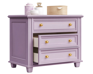 a purple dresser with a white drawer