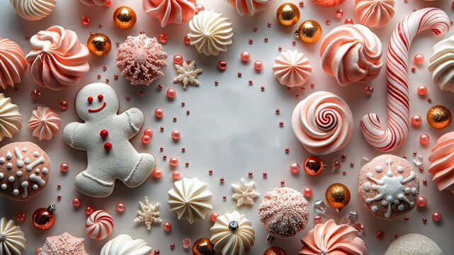 A festive arrangement of sweets and decorations in pastel colors for a holiday celebration.