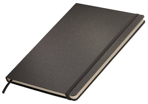 Black hardcover notebook isolated on transparent background, ideal for office, school, or professional use.