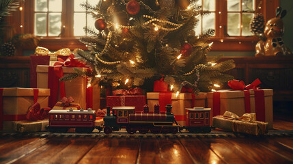 A nostalgic scene of an old wooden train set arranged under a mid-century aluminum Christmas tree, surrounded by vintage-style wrapped gifts.