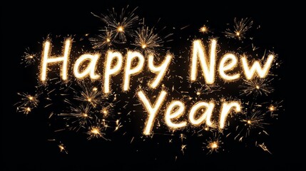 A festive display of "Happy New Year" written in sparkling fireworks against a black background.