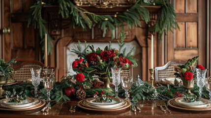 A rustic wooden dining table set with a festive red and green centerpiece made of pinecones, holly, and eucalyptus, complemented by golden charger plates and crystal goblets