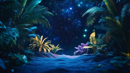 Starry Night aurora with Colorful Flora Behind Snow-Capped Peaks, Holographic Style for Text Overlay, Dazzling Shadows and Depth of Field