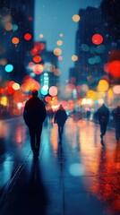 Fototapeta premium City Streets at Night with People Walking, Neon Lights, Blurred Motion, Reflections, Bokeh Effect, and Urban Backdrop, Nightlife Cityscape Wallpaper