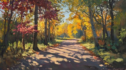 Obraz premium Autumnal Forest Path Sunlight Dapples Trees Leaves