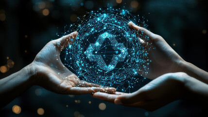 Fototapeta premium Hands holding glowing digital representation of money exchange, symbolizing financial technology and innovation. image conveys sense of connection and modernity