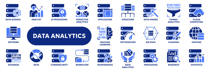 Set of vector solid icons related to data analytics and statistics, big data technology, ai and machine learning. Symbols for website or app ui, logo design, illustration