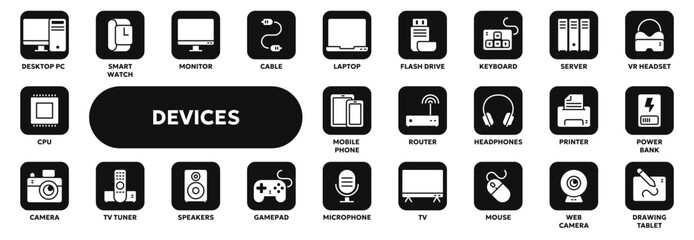 Set of vector solid icons related to technology, computer devices, electronic equipment. Symbols for website or app ui, logo design, illustration