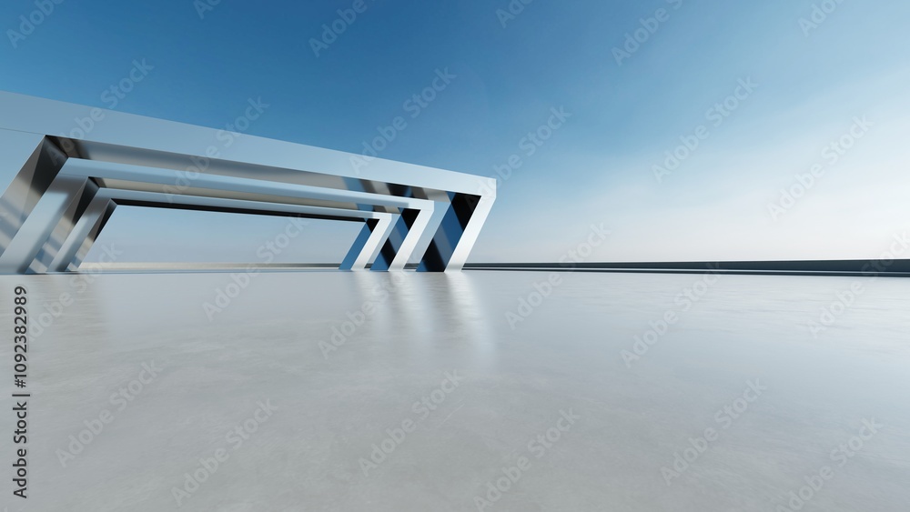 Aufkleber 3d render of abstract modern concrete white architecture with empty cement floor, minimal exterior, 