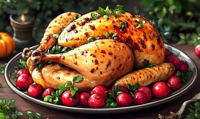 Thanksgiving cooked turkey on a plate golden brown with crispy skin garnished with herbs and vegetables in a festive atmosphere