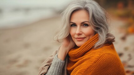 Fototapeta premium Mature woman wrapped in an orange shawl, smiling softly while seated on an autumn beach with a tranquil ocean backdrop.